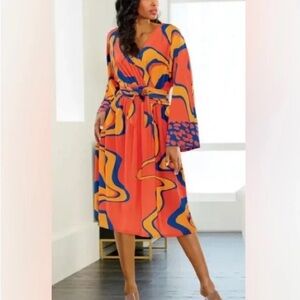 Ashro Orange Blue Gold Faux Wrap Dress with Button Closure, size 12